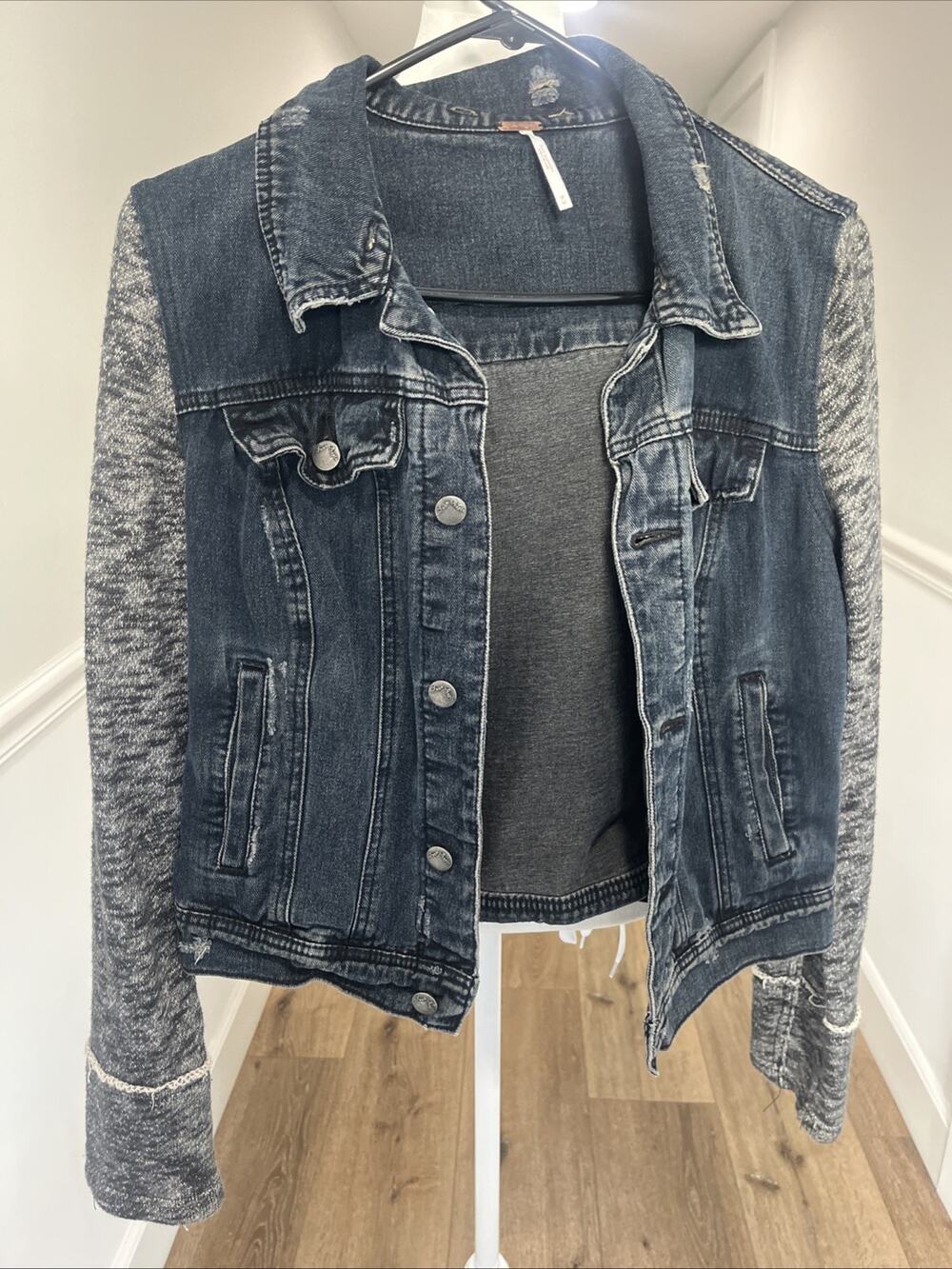 Free People Distressed Denim Jean Knit Sweatshirt Hoodie Jacket Sz M FLAW